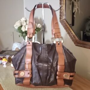 Vintage Michael Kors Chocolate & Caramel Leather Buckle Harness Shoulder…
